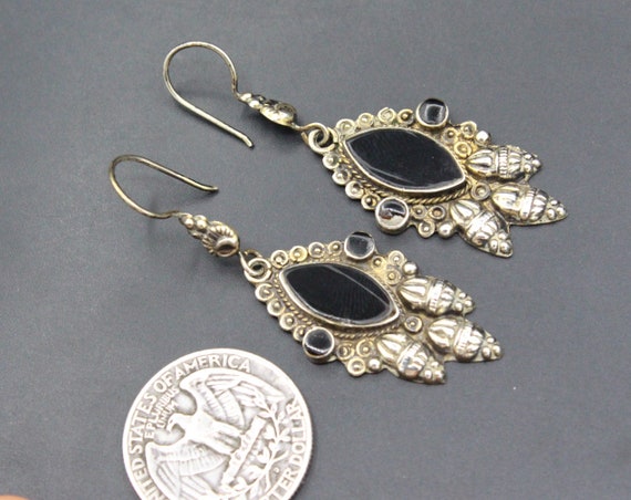 Vintage Turkmen 925 Sterling Silver Earrings, Ony… - image 3