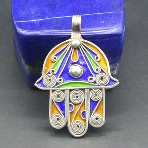 Moroccan Hamsa Hand Of Fatima Pendant, Silver Enamel Workmanship Pendant, Tribal Unique Pendant