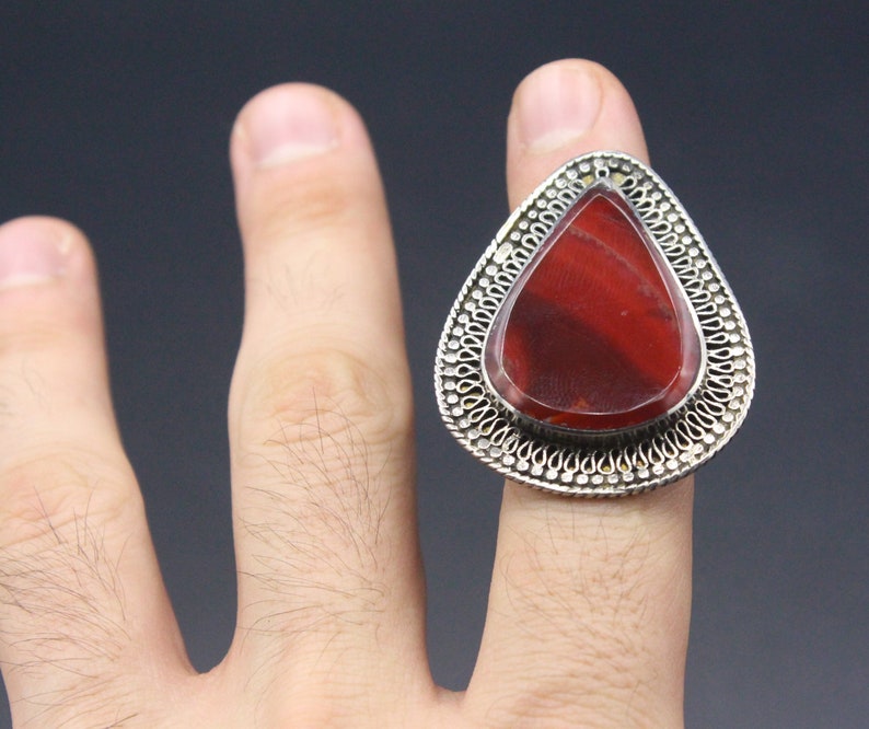 Alpaka Lovely Ring Boho Carnelian Stone Ring Kazakh Traditional Alpaka Ring Size 8US Large Hand Crafted Ring