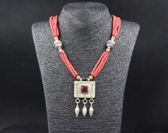 Afghan Tribal Necklace, Red Seed Beads Necklace, 4 Strands Necklace, Unique Shape Alpaka Pendant Necklace, Round Beads Necklace,