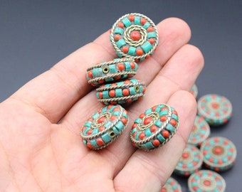 1Pc Nepalese Tibetan Beads Flat Alpaka Malachite & Coral Beads, 20mm x 20mm Rondelle Beads, Unique Beads, Making Jewelry, Creative Beads,