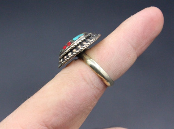 Tibetan Nepalese Ring, Round Adornment Ring, Turq… - image 9