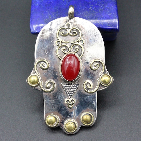 Vintage Turkmen Traditional Pendant Hamsa Hand Of Fatima Pendant Carnelian Stone Double Sided Partia Gold Color Pendant Hamsa Pendants