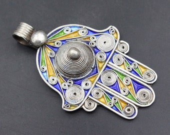 Moroccan Tuareg Sterling Silver Enamel Workmanship Pendant, Hand Of Fatima Adornment Pendant, Belly Dance Colorful Pendant
