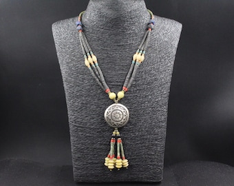 Afghan Jade Stone Necklace, Tribal Silver Plated Tassel Necklace, Round Tassels Necklace, Gemstones Necklace, Boho Necklace,