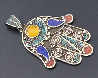 Vintage Tibetaans Nepalees barnsteen, lapis lazuli-hanger hand van Fatima, gesneden bohomienhanger,