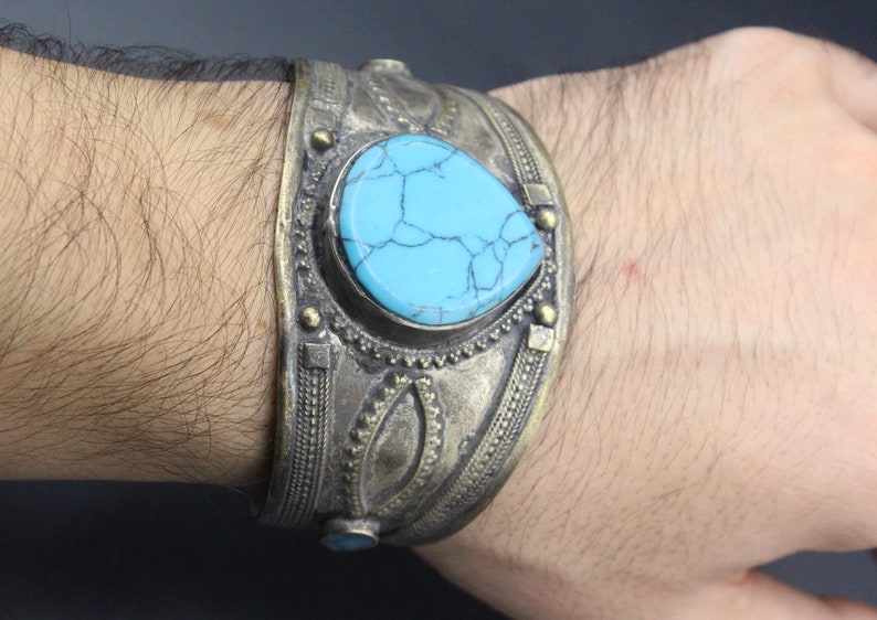 Afghan Traditional Turquoise Bracelet Carved Alpaka Bracelet Belly Dance Bracelet Adornment Adjustable Cuff Bracelet