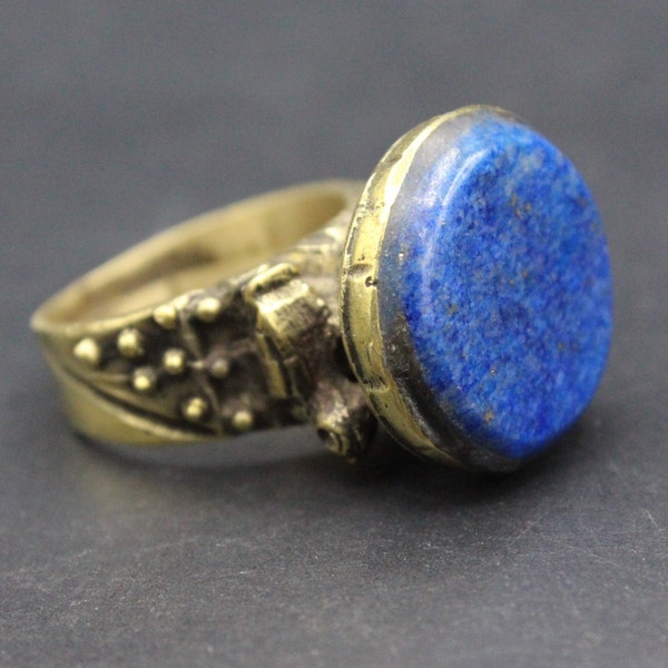 Turkmen Traditional Alpaka Ring, Tribal Bellydance Adorable Ring, Ethnic Afghan Jewelry, Lapis Lazuli Stone Ring, Size 8.5US,