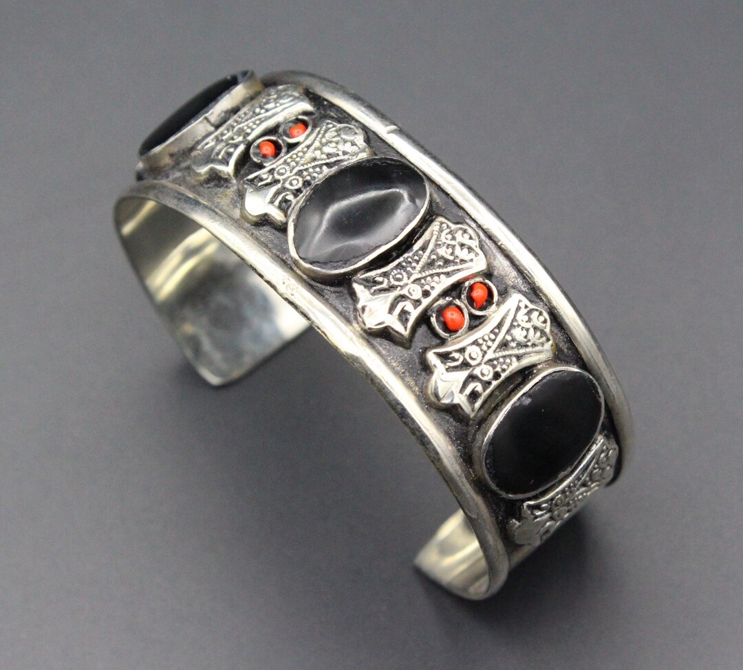 Bracelet Homme ALPAKA Rouge Afghan – Métal Argenté Vintage – Large 1,7 Cm – Neuf (défauts Mineurs)