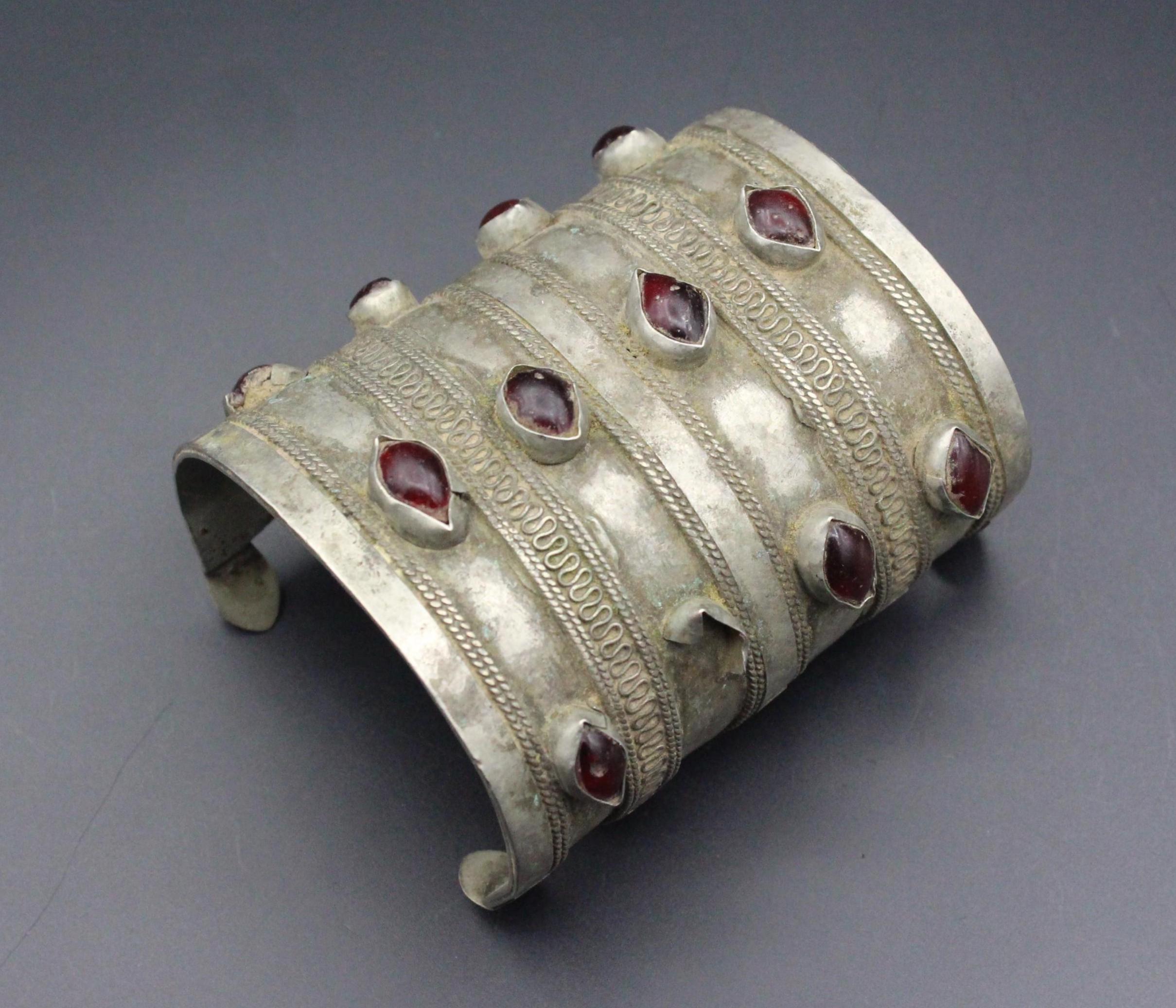 Vintage Turkmen Tekke Alpaka Cuff Bracelet, Long Kuchi Cuff Bracelet, Glass Beads Tribal Long Bracelet, Costuming Qoshmah Tribal Bracelet #3