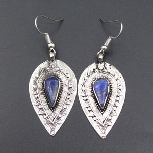 Vintage Lapis Lazuli Earrings: Kazakh Ethnic Alpaka Boho Dangle