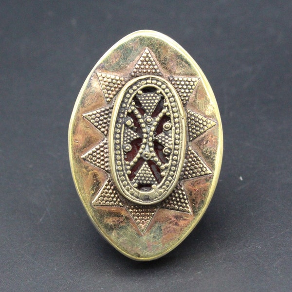 Kazakh Ring, Teardrop Shape Ethnic Ring, Glass Beads Gold Washed Ring, Belly Dance Tribal Ring Size 12US, Kazakh Jewelry,