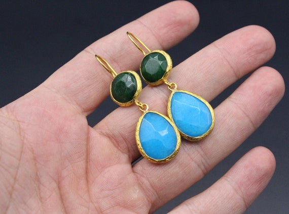Turkmen Earrings, Gold Color Earrings, Colorful C… - image 1