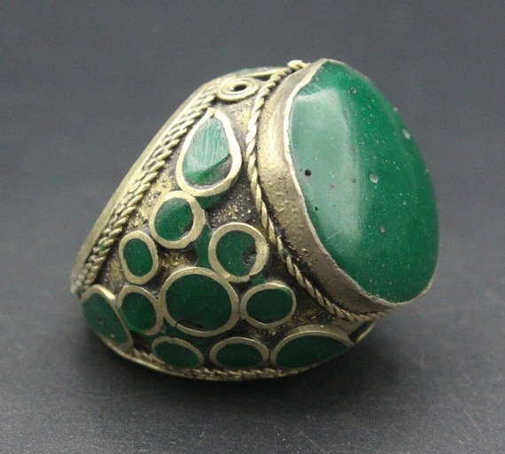 Vintage Afghan Alpaka Ring, Enamel Ring, Tribal Bo