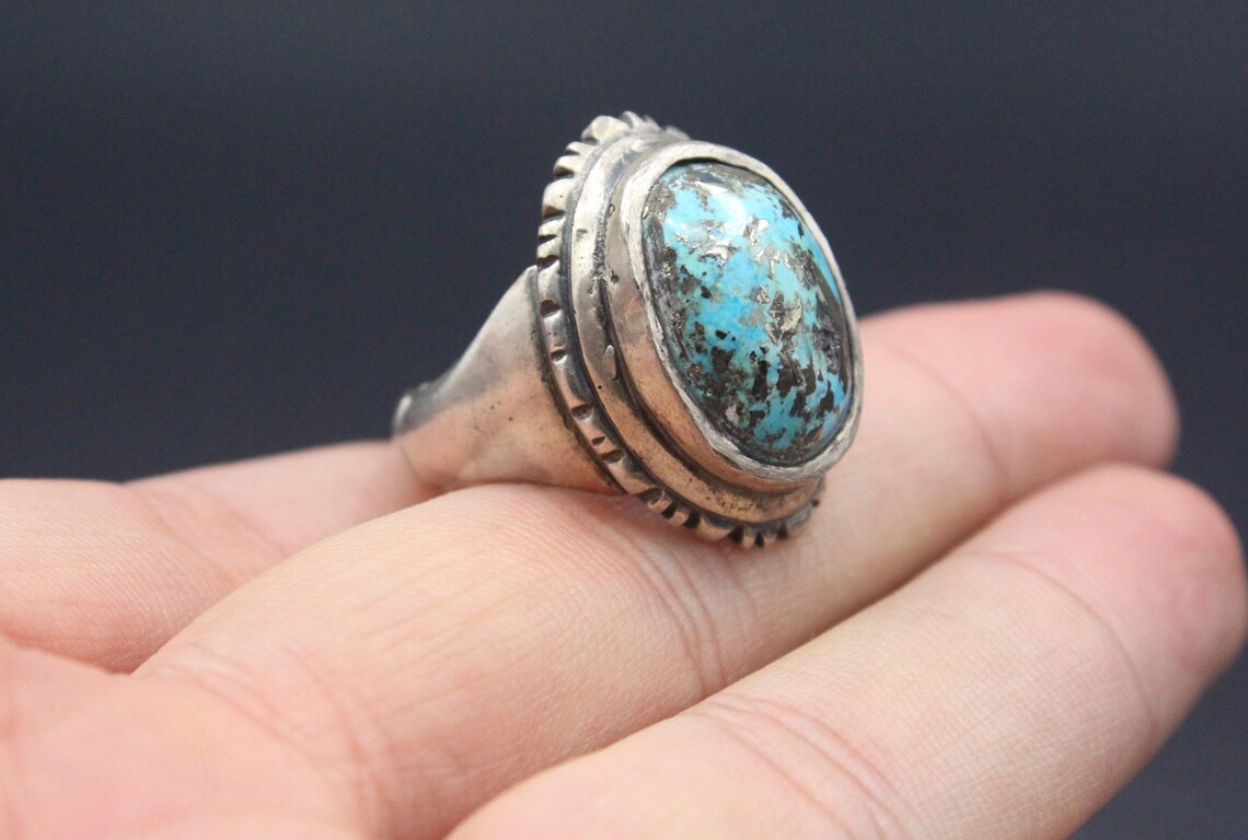 Bague Homme Turquoise Naturelle - Taille 65 - Style Vintage Métal