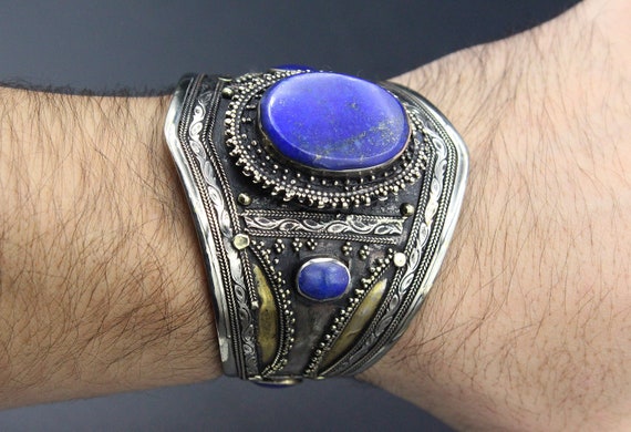 Vintage Turkoman Silver Bracelet - Natural Lapis … - image 6