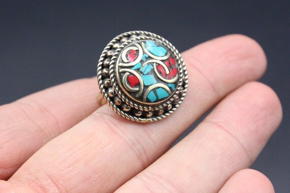 Tibetan Nepalese Ring, Round Adornment Ring, Turq… - image 10