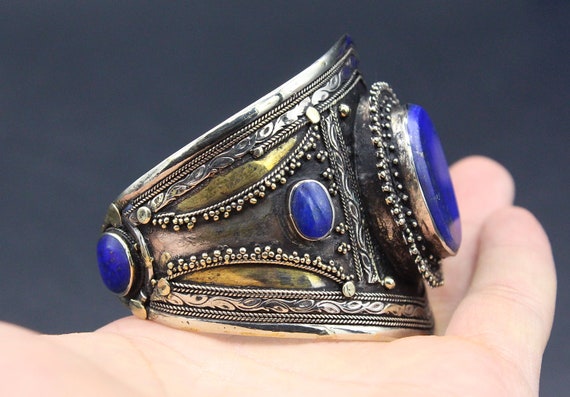 Vintage Turkoman Silver Bracelet - Natural Lapis … - image 8