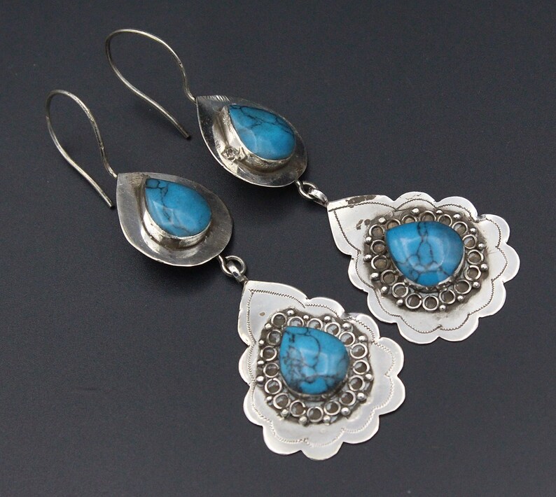 Belly Dance Earrings, Vintage Turkmen Silver Tear-Drop Turquoise Stones Tribal Earrings Classic Earrings