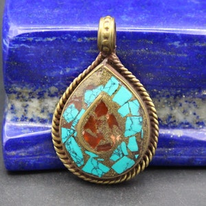 Nepalese Tibetan Drop Shape Pendant, Costuming Coral & Turquoise Pendant, Boho Pendant,