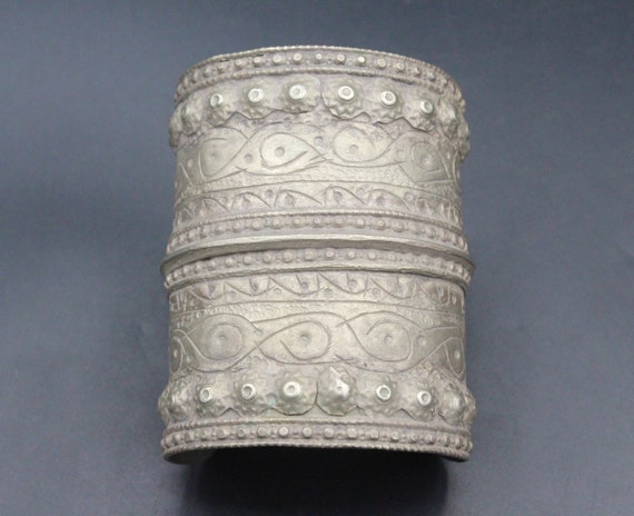Turkmen Silver Cuff Bracelet, Antique Old Carved … - image 3