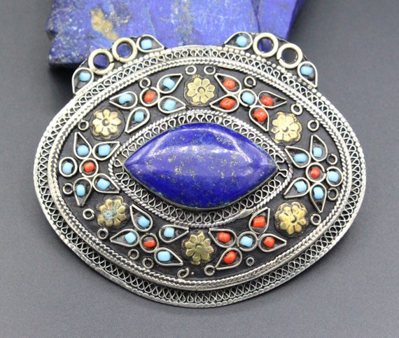 Vintage Uzbek Silver Oval Pendant, Lapis Lazuli S… - image 1