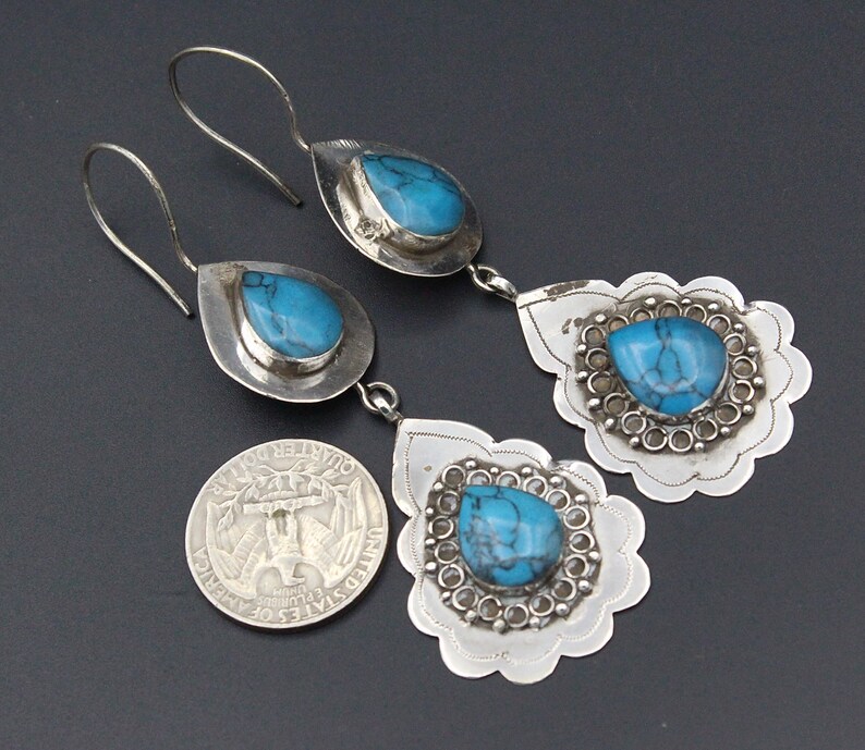 Belly Dance Earrings, Vintage Turkmen Silver Tear-Drop Turquoise Stones Tribal Earrings Classic Earrings