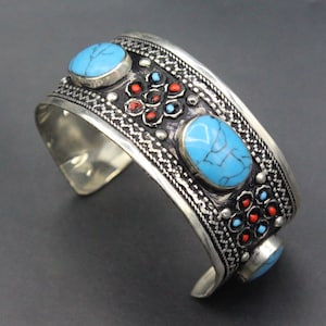 Afghan Cuff Bracelet, Kuchi Tribal Alpaka Cuff Bracelet, Turquoise Stones Cuff Bracelet, Colorful Boho Bracelet, Belly Dance Bracelet,