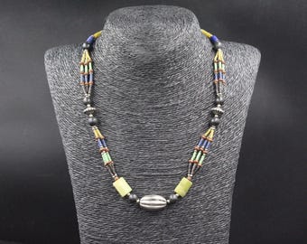 Afghan Jade Stone Necklace: Tribal Belly Dance Tassels, Silver Plated Beads
