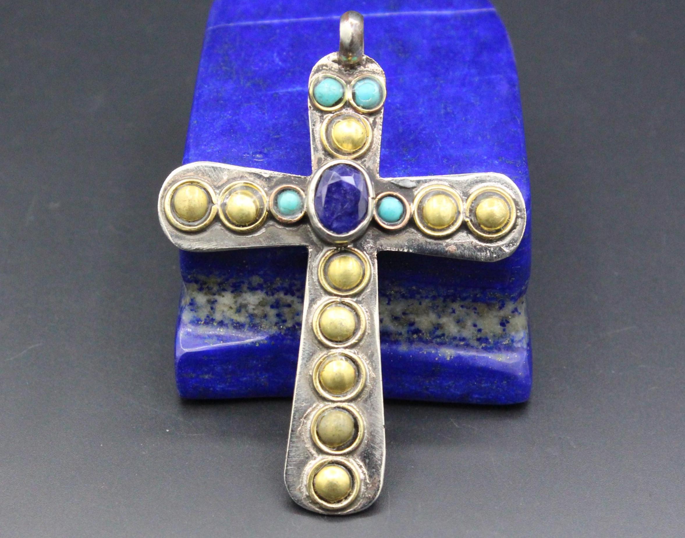 Partail Cross Turkmen Cross Pendant, Partial Gold Wash Cross Pendant, Sapphire Beads ...