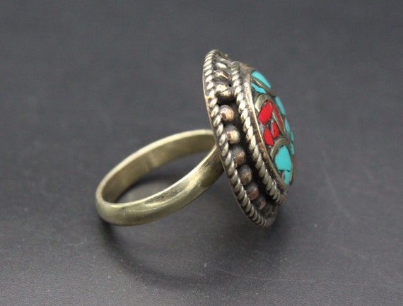 Tibetan Nepalese Ring, Round Adornment Ring, Turq… - image 3