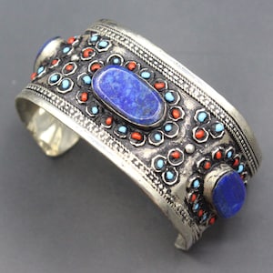 Afghan Cuff Bracelet, Kuchi Tribal Alpaka Cuff Bracelet, Lapis Lazuli Stones Bracelet, Colorful Boho Bracelet, Belly Dance Bracelet, #B02