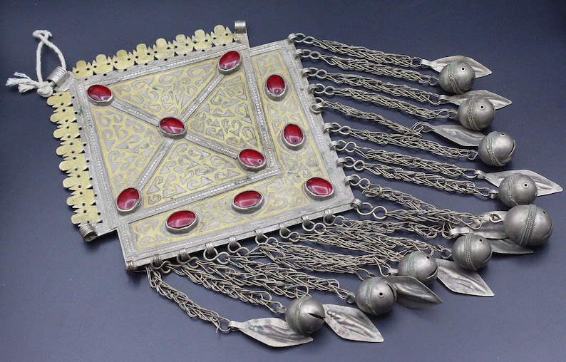 Vintage Turkmen Costuming Pendant Tassels Beads Pendant Dangly Ethnic Belly Dance Dangly Large Pendant Partial Gold Wash Pendant