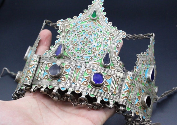 Moroccan Silver Judaica Wedding Crown, Enamel Wor… - image 8