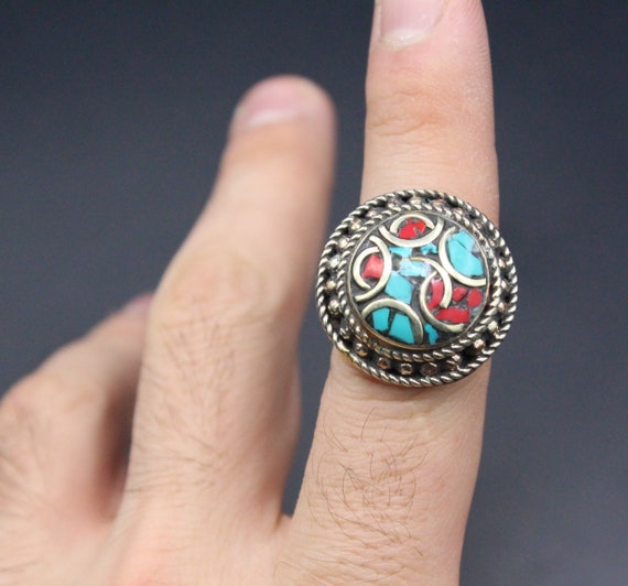 Tibetan Nepalese Ring, Round Adornment Ring, Turq… - image 7