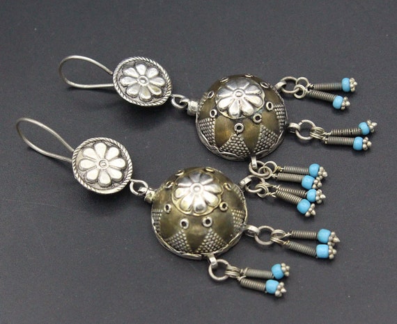 Vintage Kazakh Ethnic Silver Earrings, Lovely Bea… - image 1