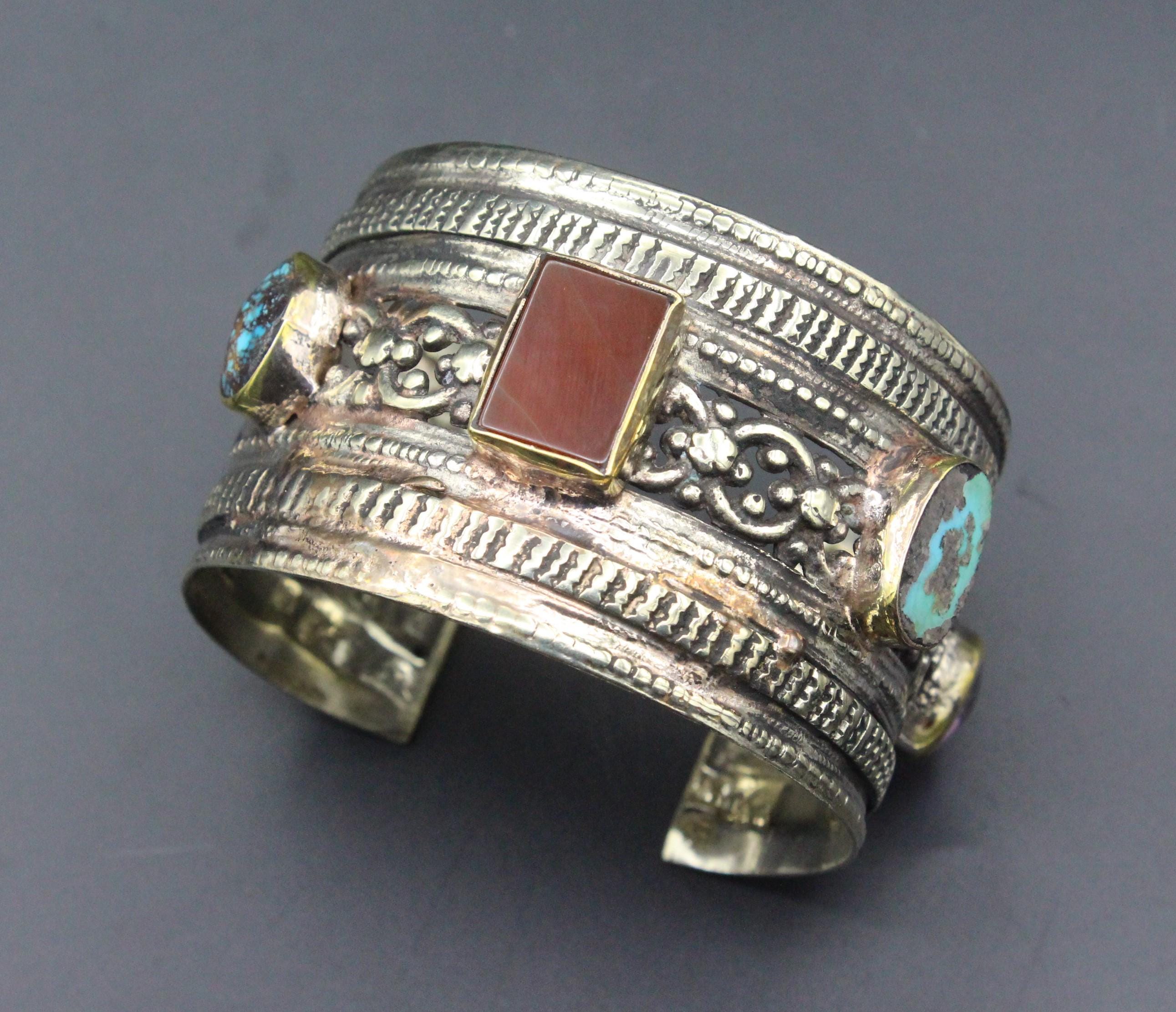 ヴィンテージ アフガン クチ トライバル カフブレスレット、カラフルな