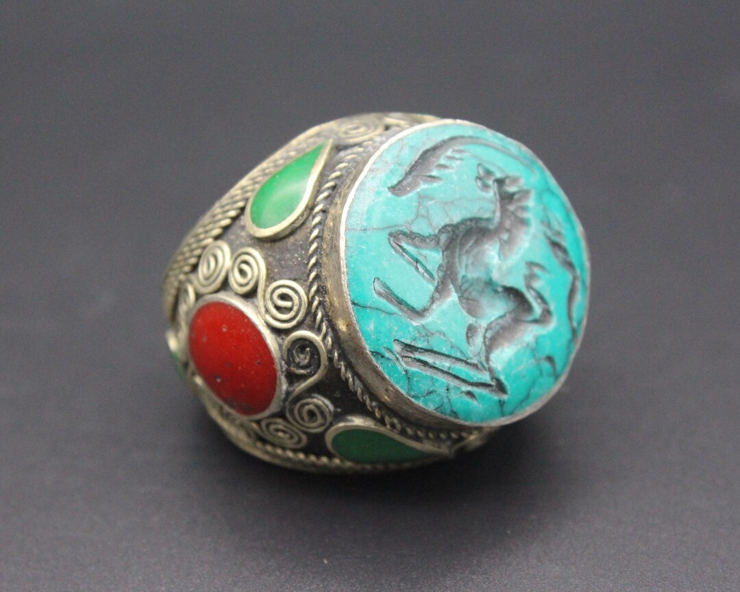 Bracelet Vintage Afghanistan - Turquoises Intaglio Sur Bronze Ciselé, Occasion