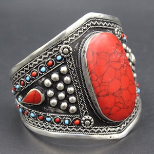 Afghan Turkmen Cuff Bracelet, Boho Style Tribal Adjustable Red Coral Stones Cuff Bracelet, Boho Cuff Bracelet, Ethnic Tribal Bracelet,