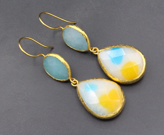 Turkmen Earrings, Gold Color Earrings, Colorful R… - image 1
