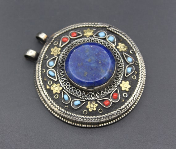 Vintage Uzbek Silver Round Pendant, Lapis Lazuli … - image 3