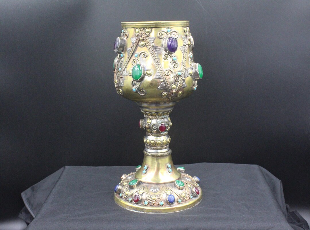 Vintage Turkmen Large Alpaka Chalice, Amethyst Stones Chalice, Colorful ...