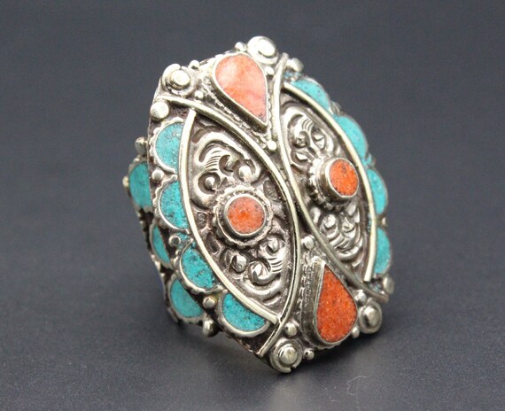 Bague Réglable Népalaise Bohème - Corail Et Turquoise, Argentée, Fait Main, Neuf