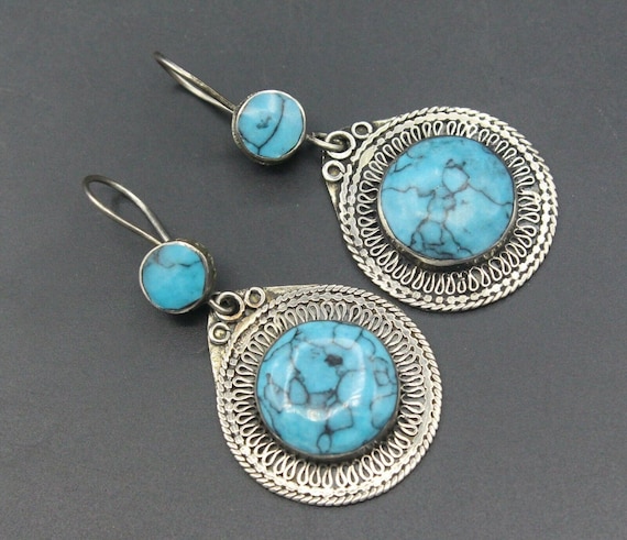 Boucles D'oreilles Vintage Argenté Avec Turquoise - Paire Clips - Occasion - 3 Cm