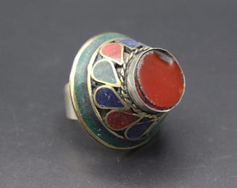 Afghan Alpaka Large Ring: Carnelian Stone Ring, Colorful Enamel Ring, Boho Ethnic Ring, Bellydance Ring, Size 10US