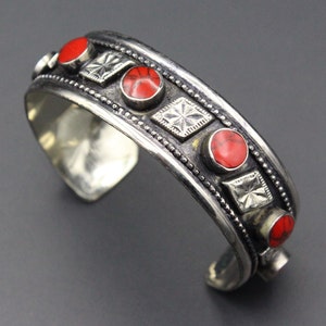 Afghan Traditional Cuff Bracelet, Belly Dance Bracelet, Red Coral Stone Cuff Bracelet, Adornment Bracelet, Adjustable Cuff Bracelet,