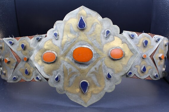 Vintage Afghan Alpaka Belt, Enamel Work Large Tri… - image 1