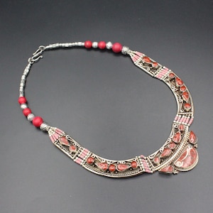 Tibetan Nepalese Necklace, Red Enamel Necklace, Charm Tribal Necklace, Boho Necklace, Tibetan Jewelry, Statement Necklace, Red Necklace #N07