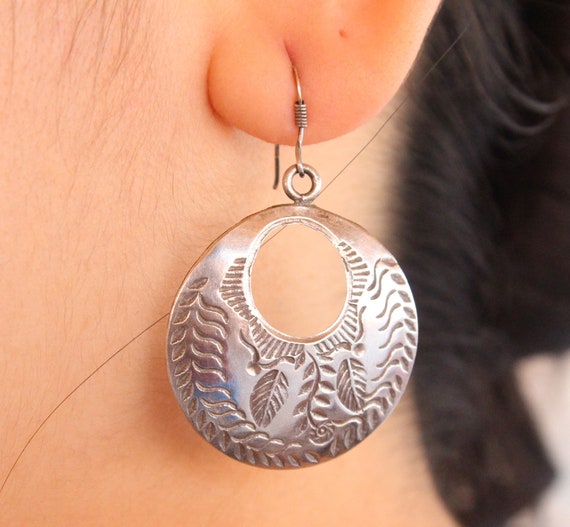 Moroccan 925K Sterling Silver Earrings, Carved Wo… - image 1
