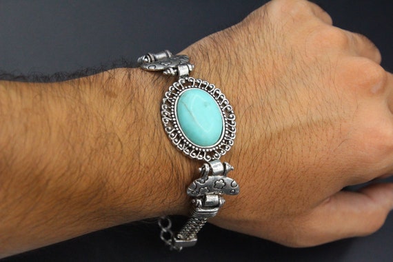 Turkish Silver Plated Bracelet: Turquoise Bead Chain, Handmade
